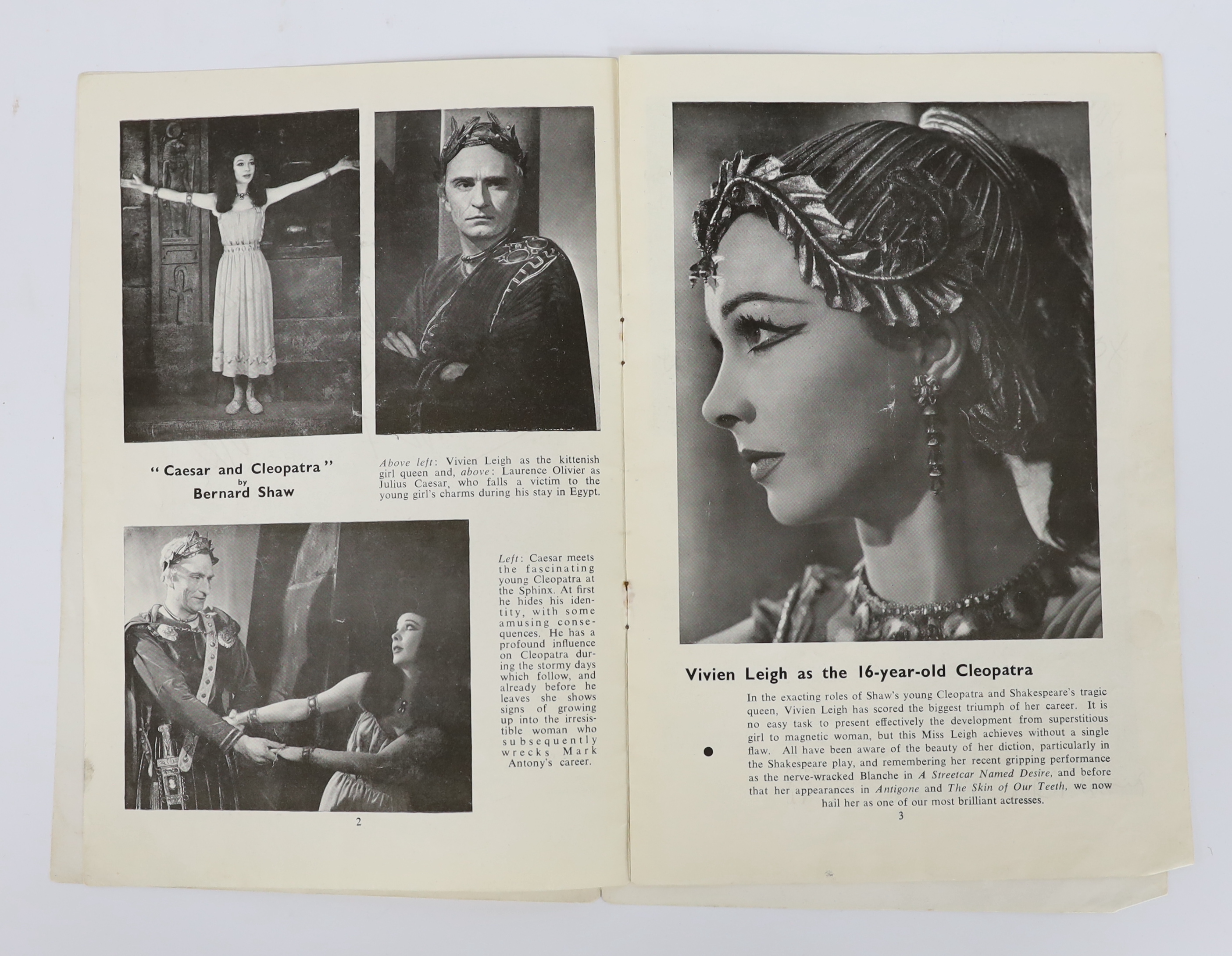 A 1951 Festival of Britain, St. James’s Theatre souvenir programme for The Olivier Festival Plays - ‘’Caesar and Cleopatra’’ and ‘’Antony and Cleopatra’’, the personal copy of Ethel Lucas, Wardrobe mistress to Laurence O